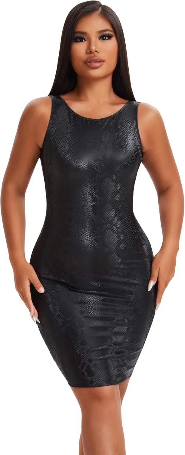 Women's Sleeveless Dress Boat Neck Snakeskin Print Slim Fit Club Party Bodycon