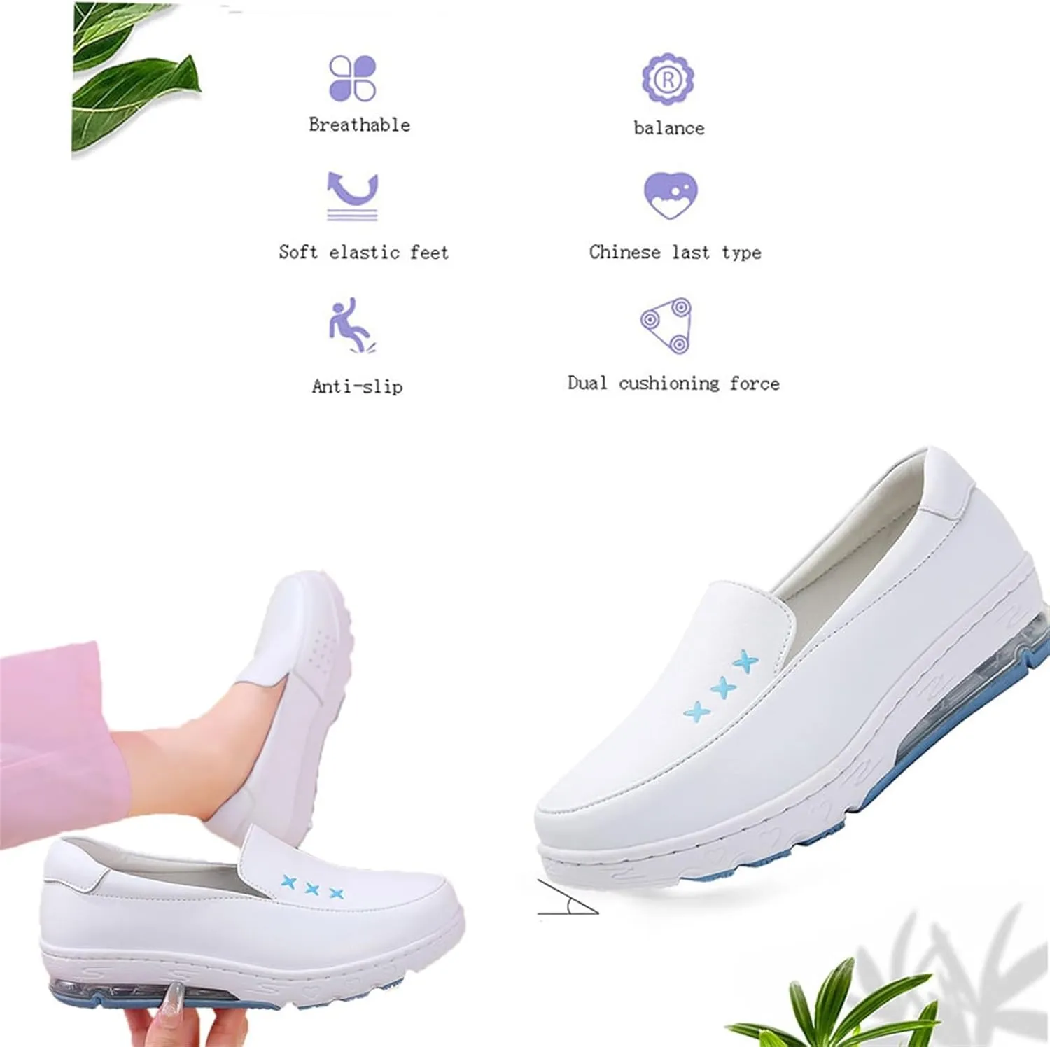 Womens Slip on Breathable Comfortable Soft Bottom Leather Working Nurse Shoes, Lightweight Slip Resistant Air Cushion Orthopedic Moccasins, for Medical Workers, Doctors