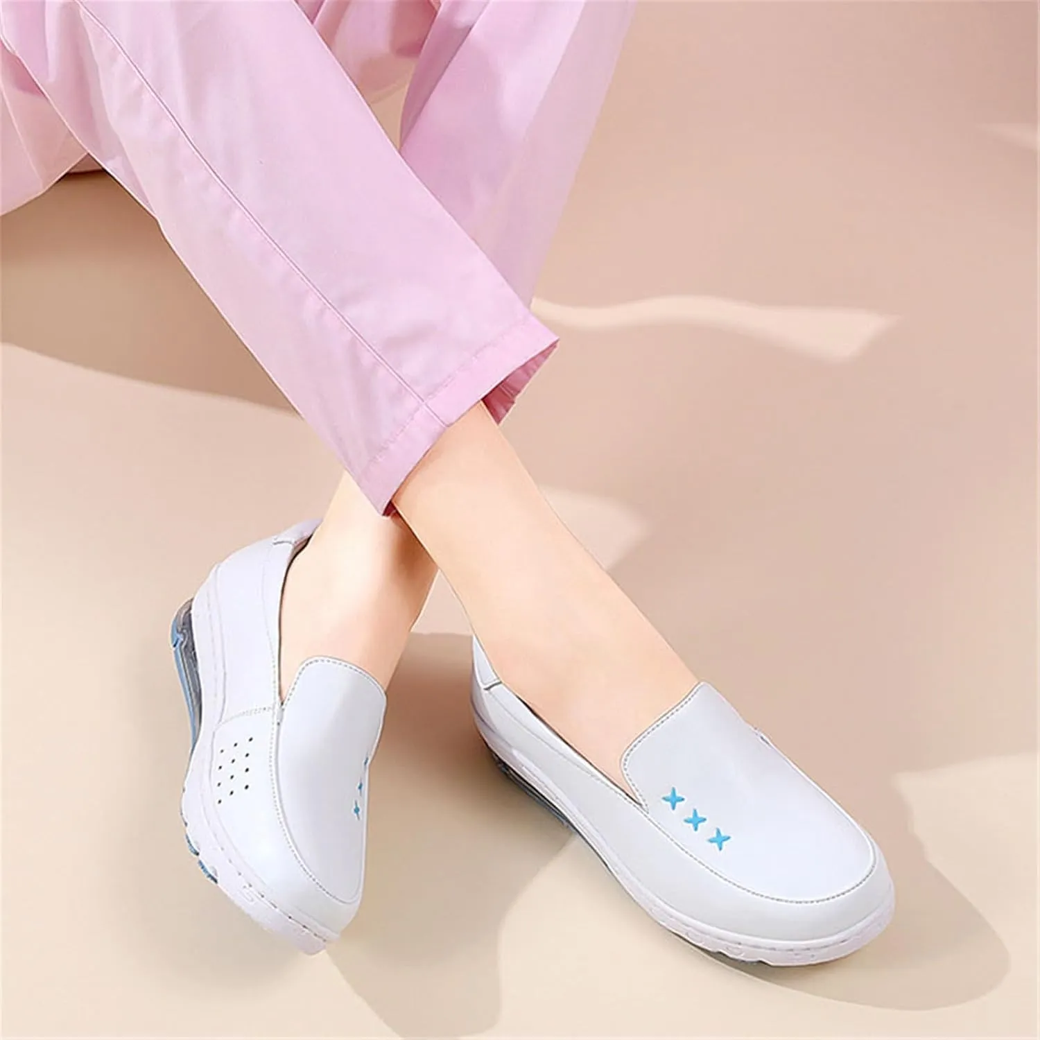 Womens Slip on Breathable Comfortable Soft Bottom Leather Working Nurse Shoes, Lightweight Slip Resistant Air Cushion Orthopedic Moccasins, for Medical Workers, Doctors
