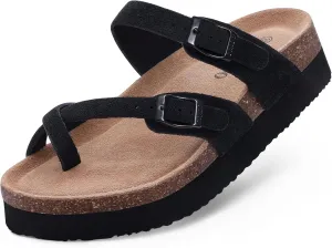 Women's Suede Platform Sandals Cork Footbed Adjustable Comfortable Support Summer Slides, Black 41