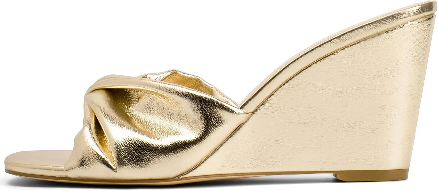 Women's Wedges Slippers Fabric Heels Slip on Comfy Evening Dress Sandals Square Toe Shoes for Women 3.3" Heels