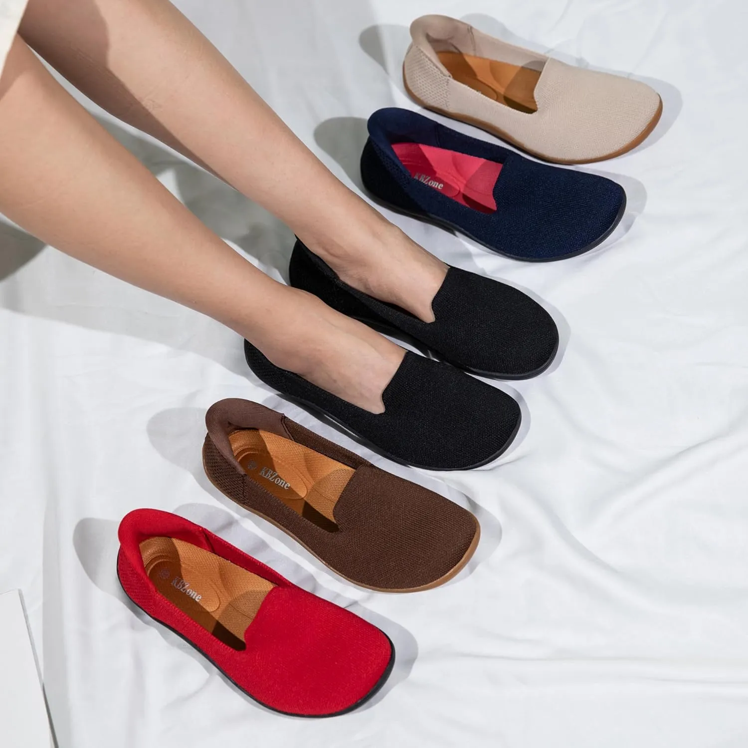 Womens Wide Toe Box Slip on Walking Shoes Non Slip Shoes Arch Support Casual Loafers Soft Knit Shoes