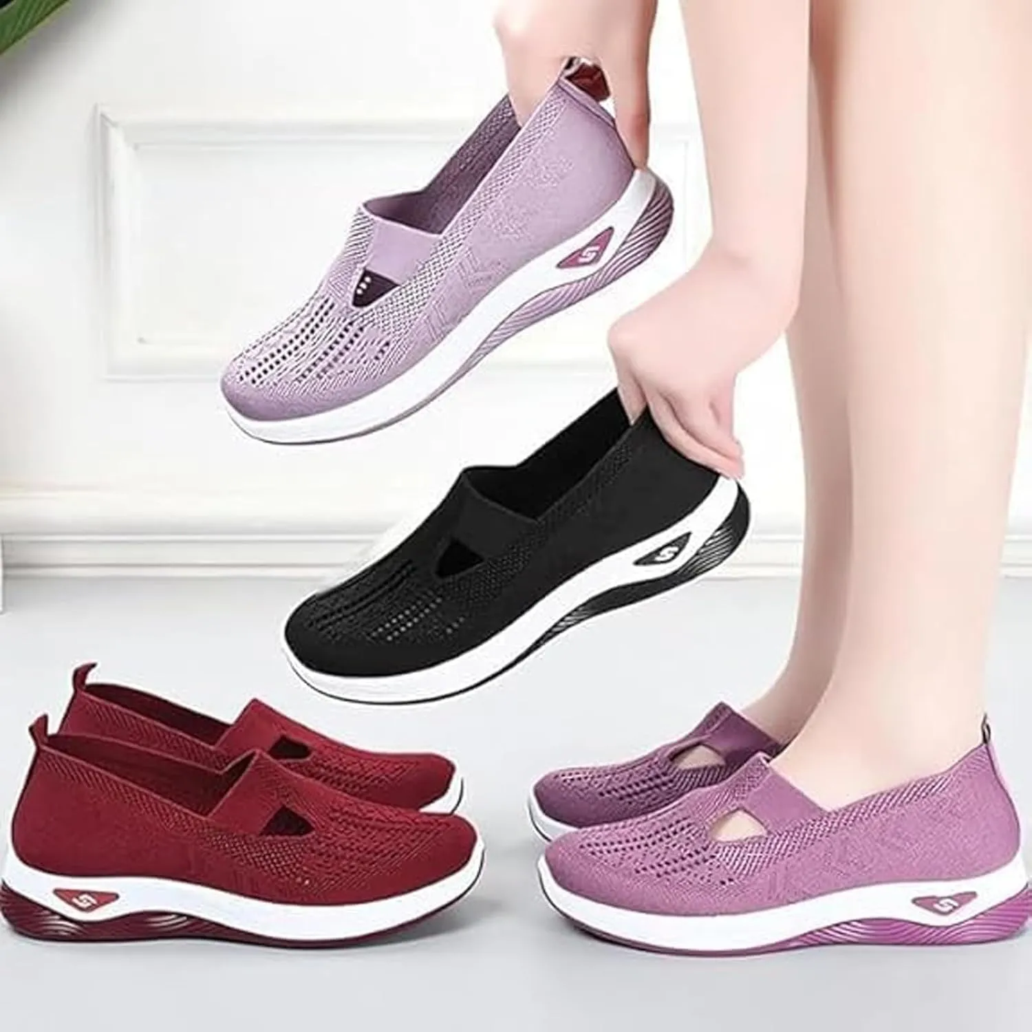 Women's Woven Orthopedic Shoes Breathable Soft Soled Go Walking Slip on Diabetic Foam Shoe Arch Support Hands Free Anti-Slip Sneakers