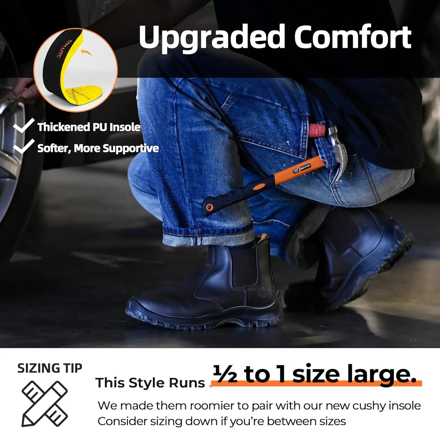 Work Boots for Men, Slip On Steel Toe Chelsea Safety Boots, Waterproof Slip Resistant Work Shoes, Lightweight Comfortable Breathable Non Slip Safety Toe Shoes