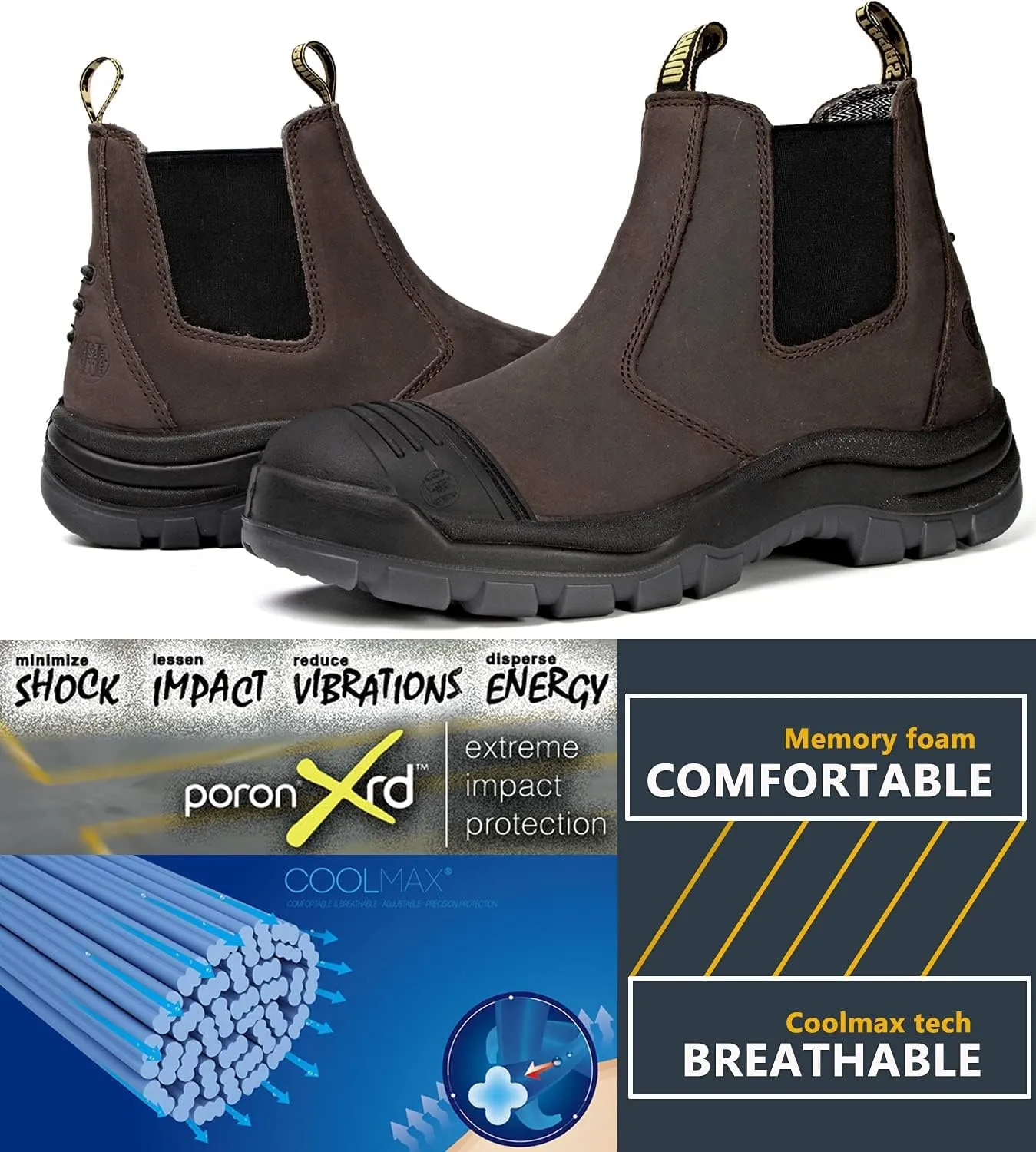 Work Boots for Men, Steel/Soft Toe Waterproof Working Boots, Slip Resistant Slip-on Safety Static Dissipative Working Shoes (Dark Brown)