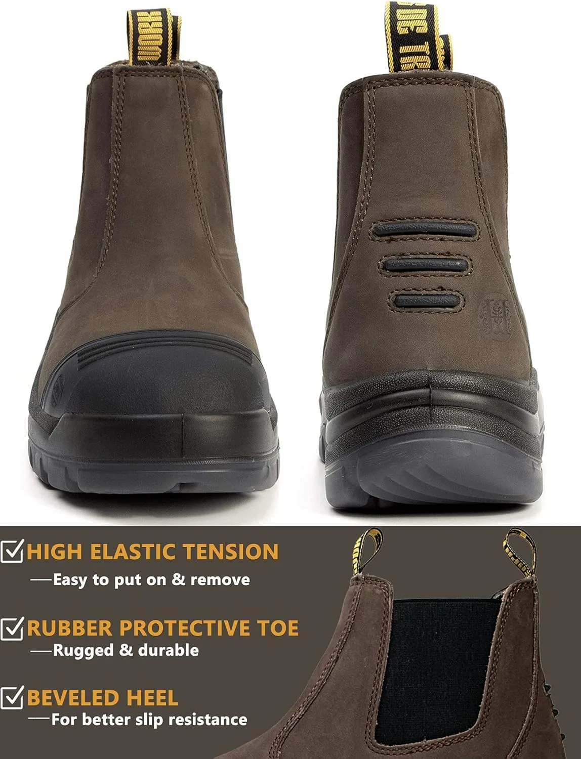 Work Boots for Men, Steel/Soft Toe Waterproof Working Boots, Slip Resistant Slip-on Safety Static Dissipative Working Shoes (Dark Brown)