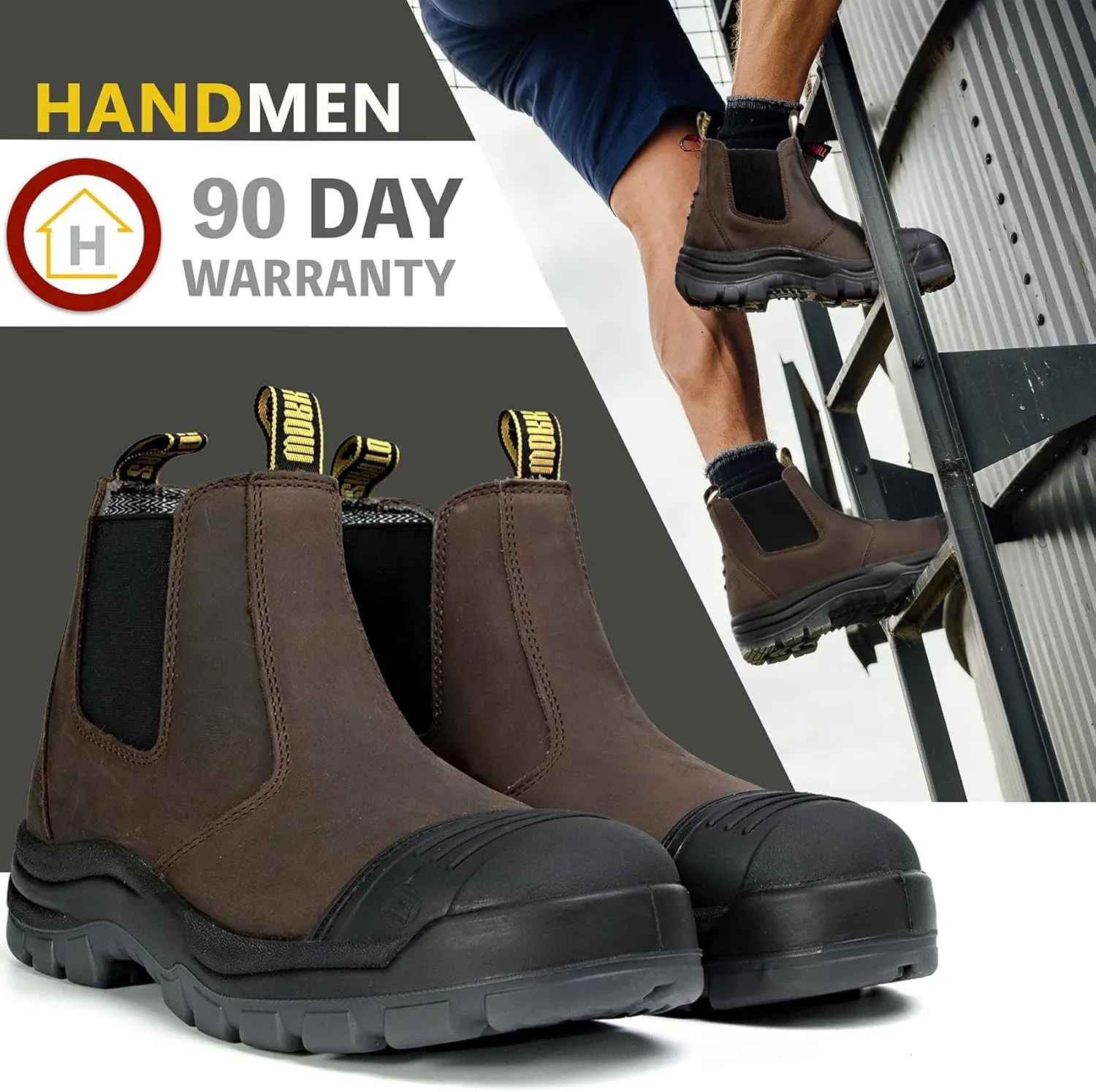 Work Boots for Men, Steel/Soft Toe Waterproof Working Boots, Slip Resistant Slip-on Safety Static Dissipative Working Shoes (Dark Brown)