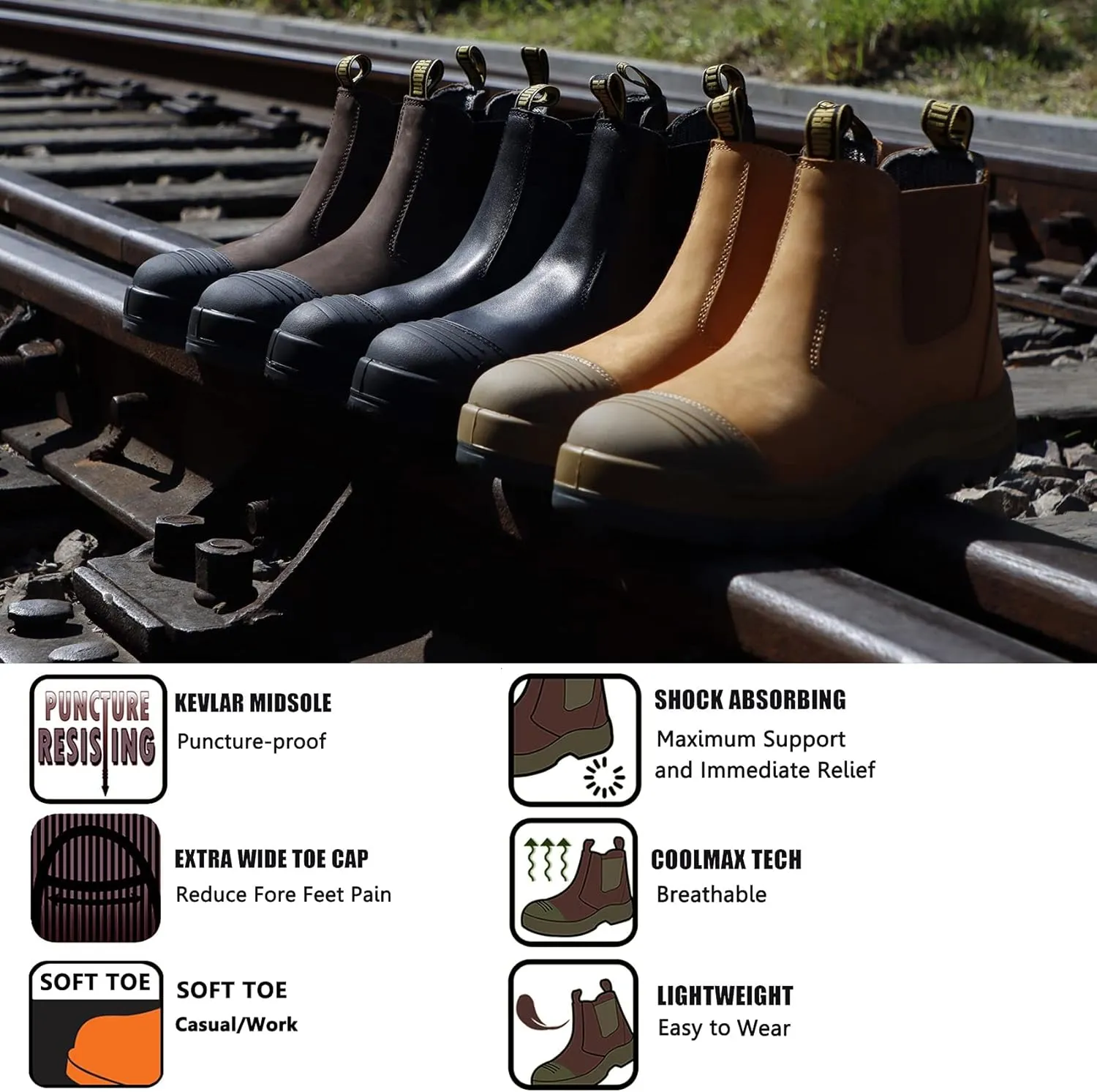 Work Boots for Men, Steel/Soft Toe Waterproof Working Boots, Slip Resistant Slip-on Safety Static Dissipative Working Shoes (Dark Brown)