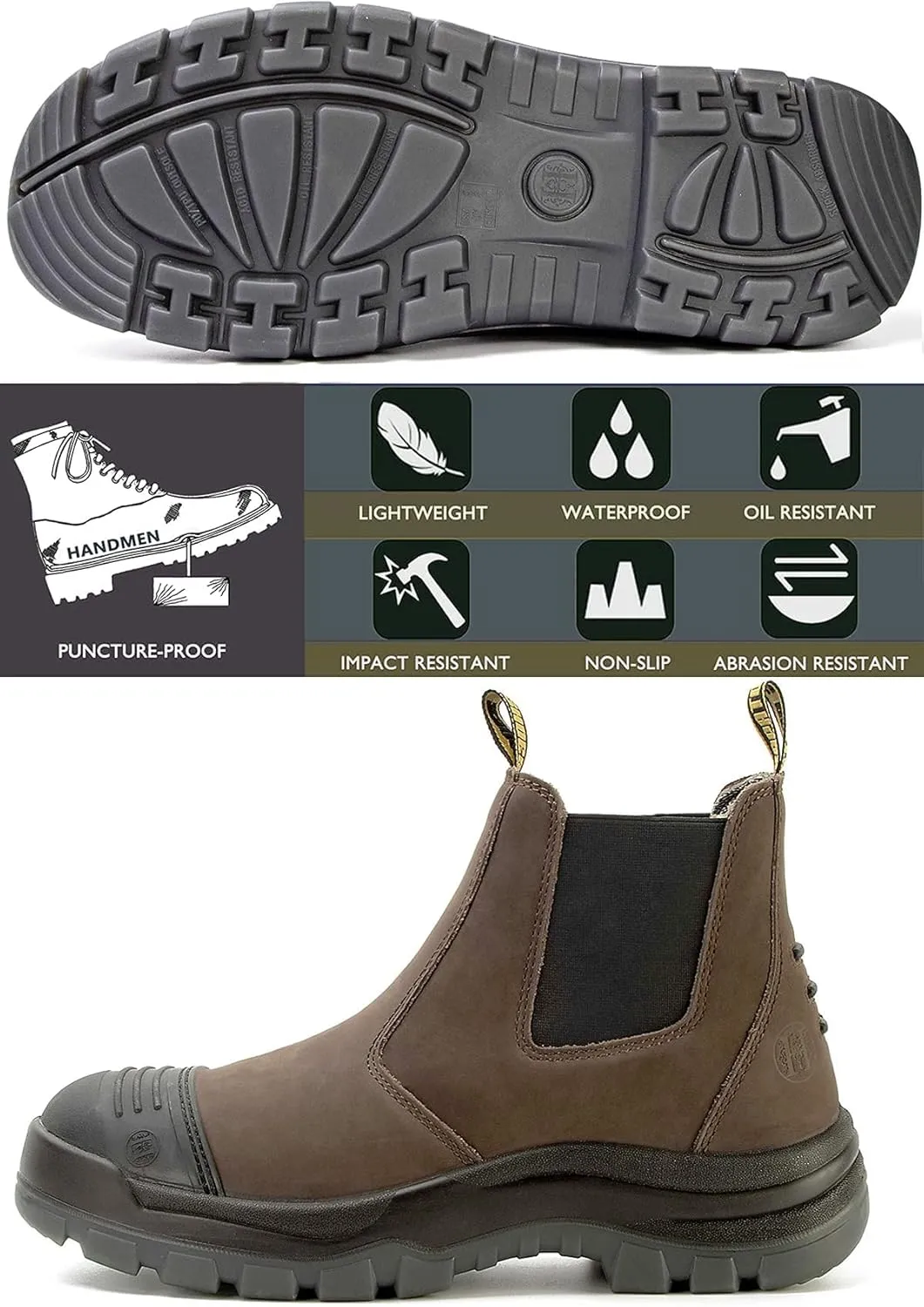 Work Boots for Men, Steel/Soft Toe Waterproof Working Boots, Slip Resistant Slip-on Safety Static Dissipative Working Shoes (Dark Brown)