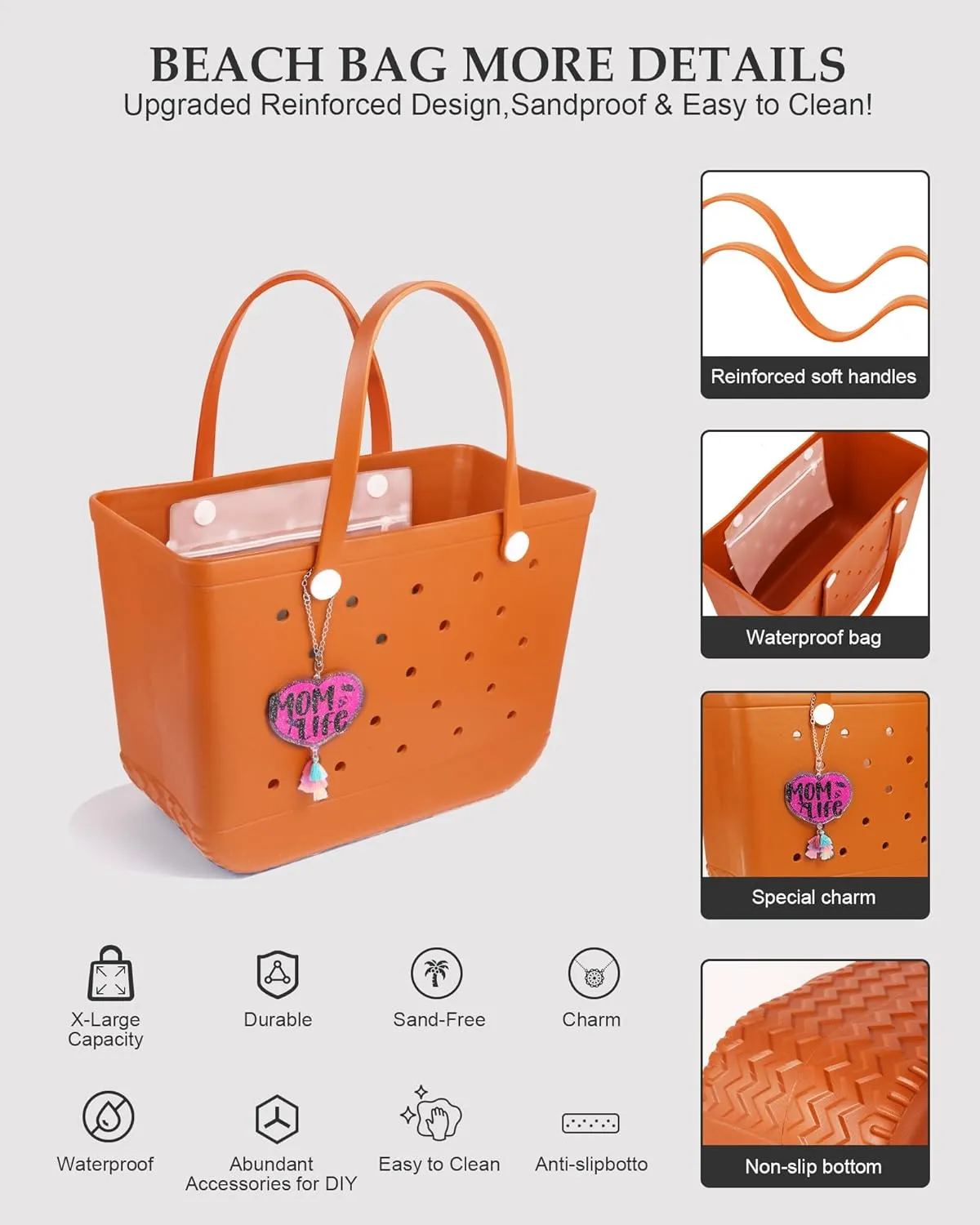 X-Large Beach Rubber Tote Bag with Charms, Women Waterproof Original Handbag for Outdoor Modern Travel Sports
