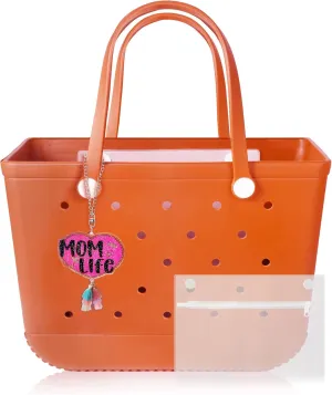 X-Large Beach Rubber Tote Bag with Charms, Women Waterproof Original Handbag for Outdoor Modern Travel Sports