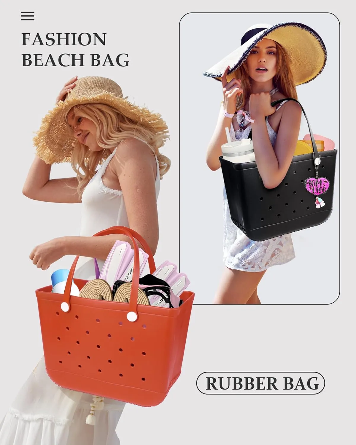 X-Large Beach Rubber Tote Bag with Charms, Women Waterproof Original Handbag for Outdoor Modern Travel Sports