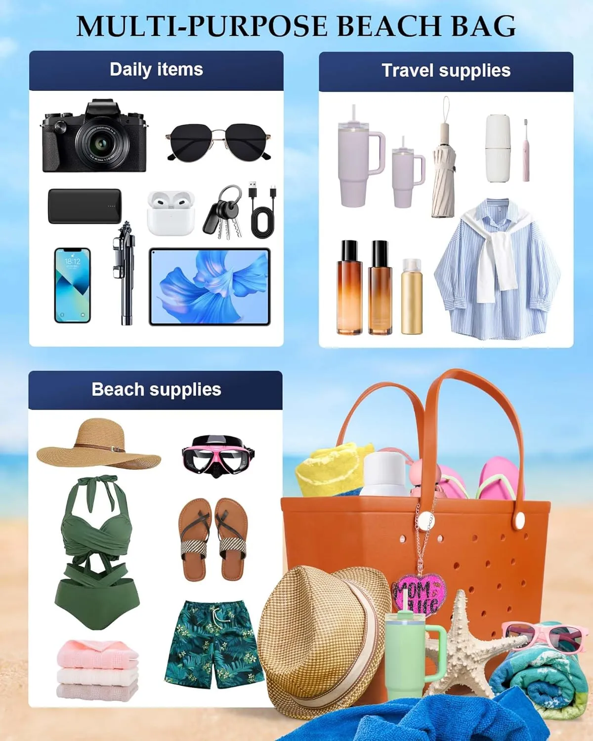 X-Large Beach Rubber Tote Bag with Charms, Women Waterproof Original Handbag for Outdoor Modern Travel Sports