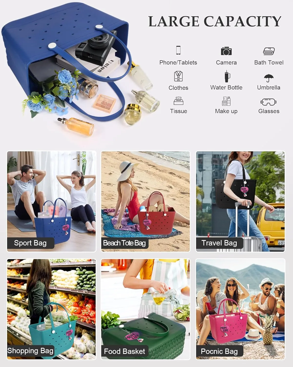 X-Large Beach Rubber Tote Bag with Charms, Women Waterproof Original Handbag for Outdoor Modern Travel Sports
