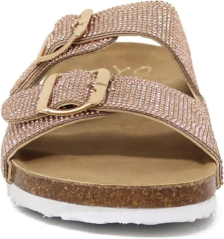 YOKI GIAN-107 Women's Slide Sandal, Rhinestone-Coated Double Buckle, Comfortable Sandals for women