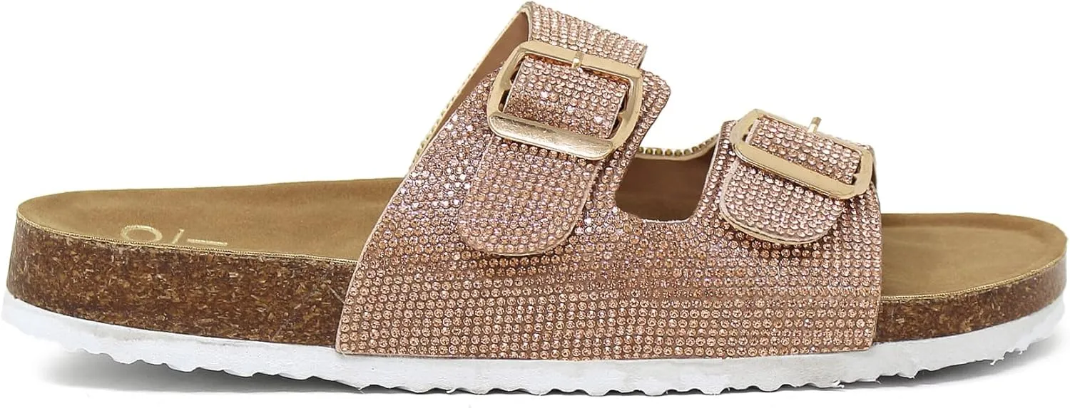 YOKI GIAN-107 Women's Slide Sandal, Rhinestone-Coated Double Buckle, Comfortable Sandals for women