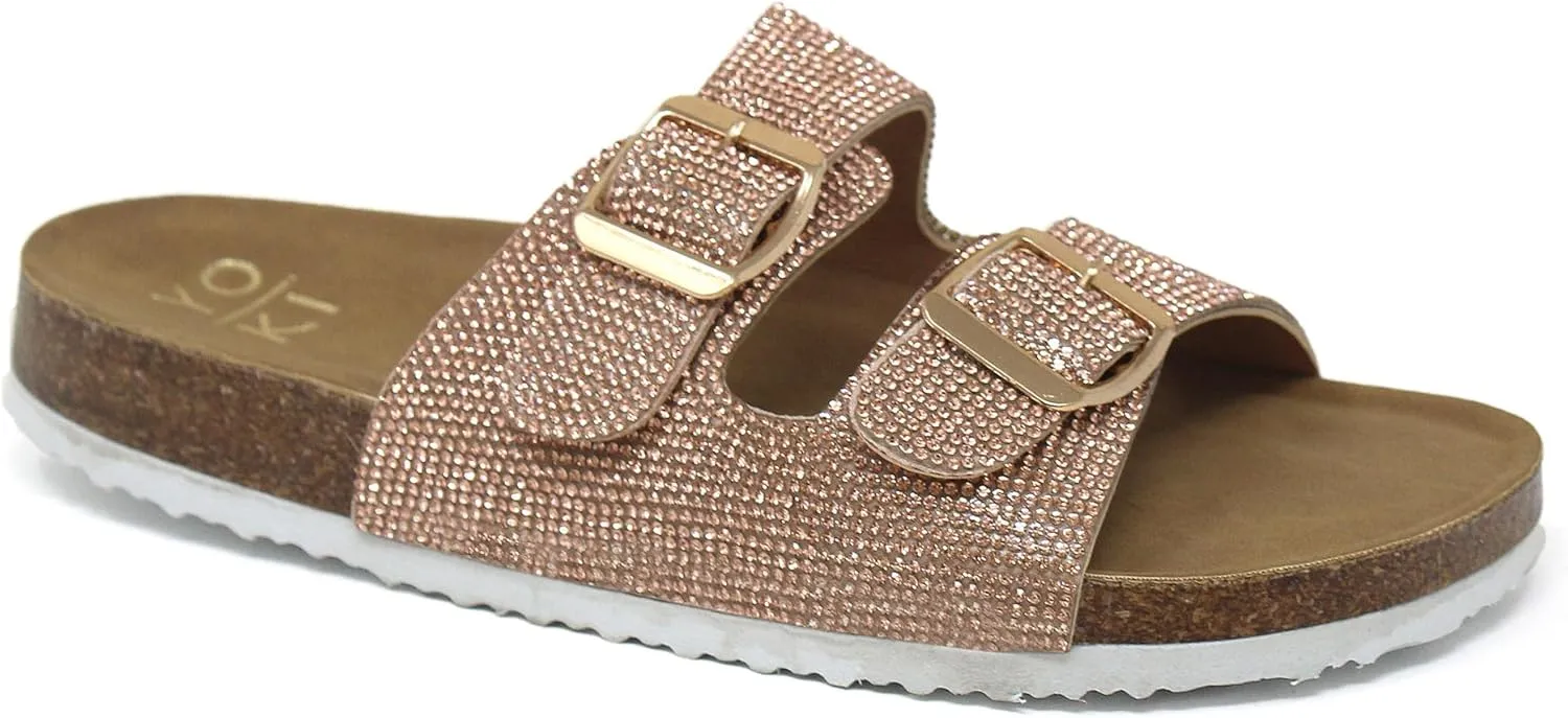 YOKI GIAN-107 Women's Slide Sandal, Rhinestone-Coated Double Buckle, Comfortable Sandals for women
