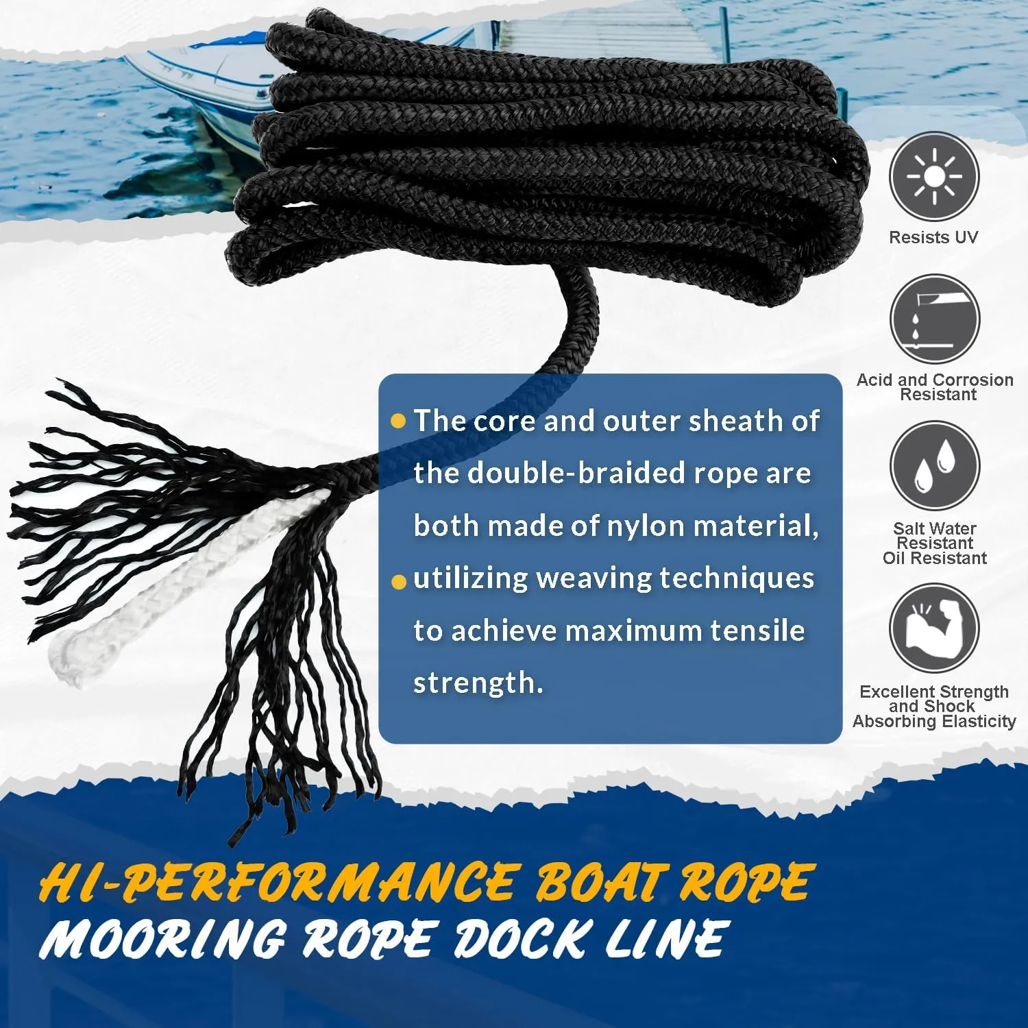 Young Marine 4 Pack 1/2” X 15’ Dock Lines Marine-Grade Double-Braided Nylon Dock Line with 12” Eyelet.Hi-Performance Boat Rope Mooring Rope Dock Line
