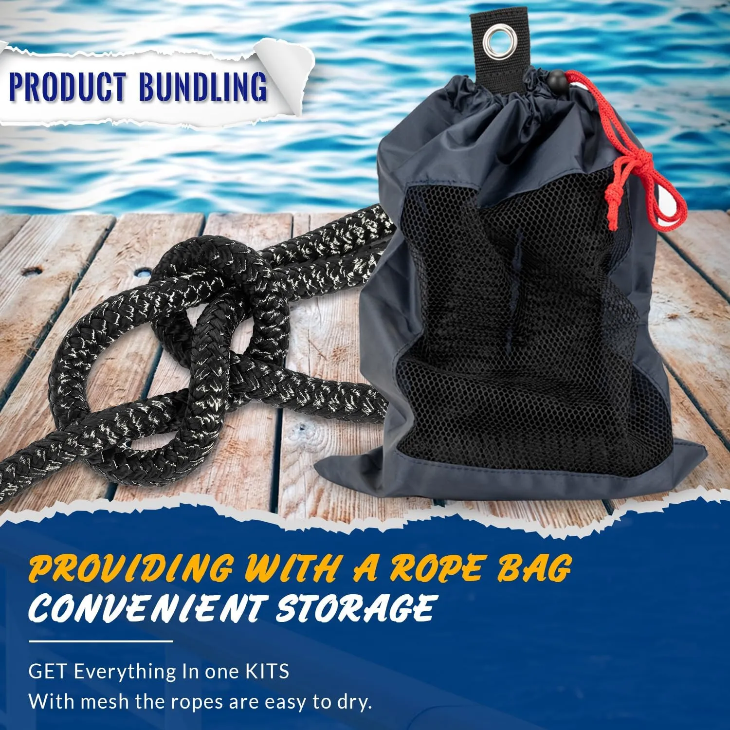 Young Marine 4 Pack 1/2” X 15’ Dock Lines Marine-Grade Double-Braided Nylon Dock Line with 12” Eyelet.Hi-Performance Boat Rope Mooring Rope Dock Line