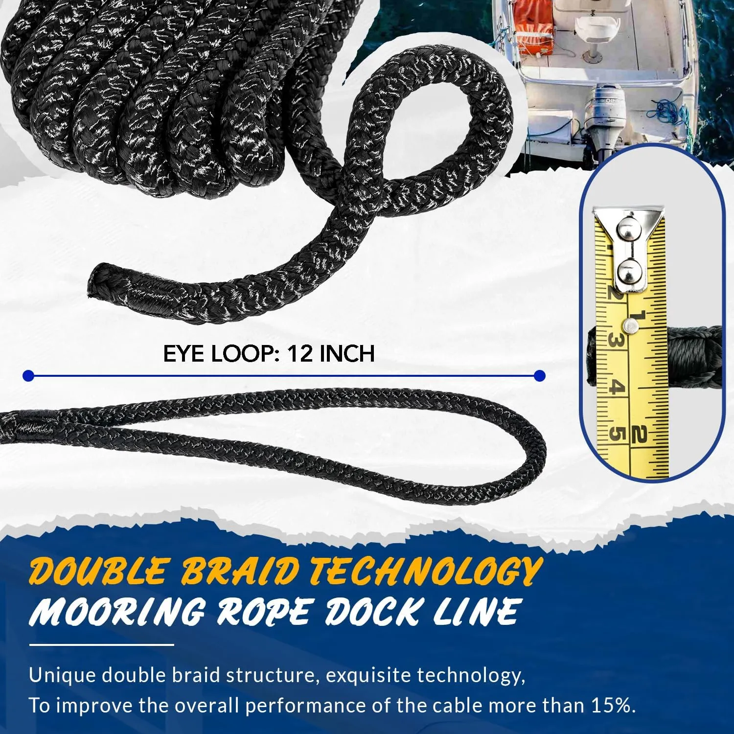 Young Marine 4 Pack 1/2” X 15’ Dock Lines Marine-Grade Double-Braided Nylon Dock Line with 12” Eyelet.Hi-Performance Boat Rope Mooring Rope Dock Line