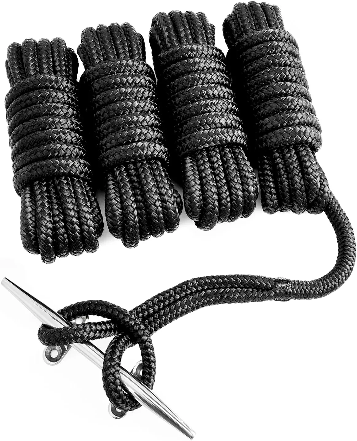 Young Marine 4 Pack 1/2” X 15’ Dock Lines Marine-Grade Double-Braided Nylon Dock Line with 12” Eyelet.Hi-Performance Boat Rope Mooring Rope Dock Line