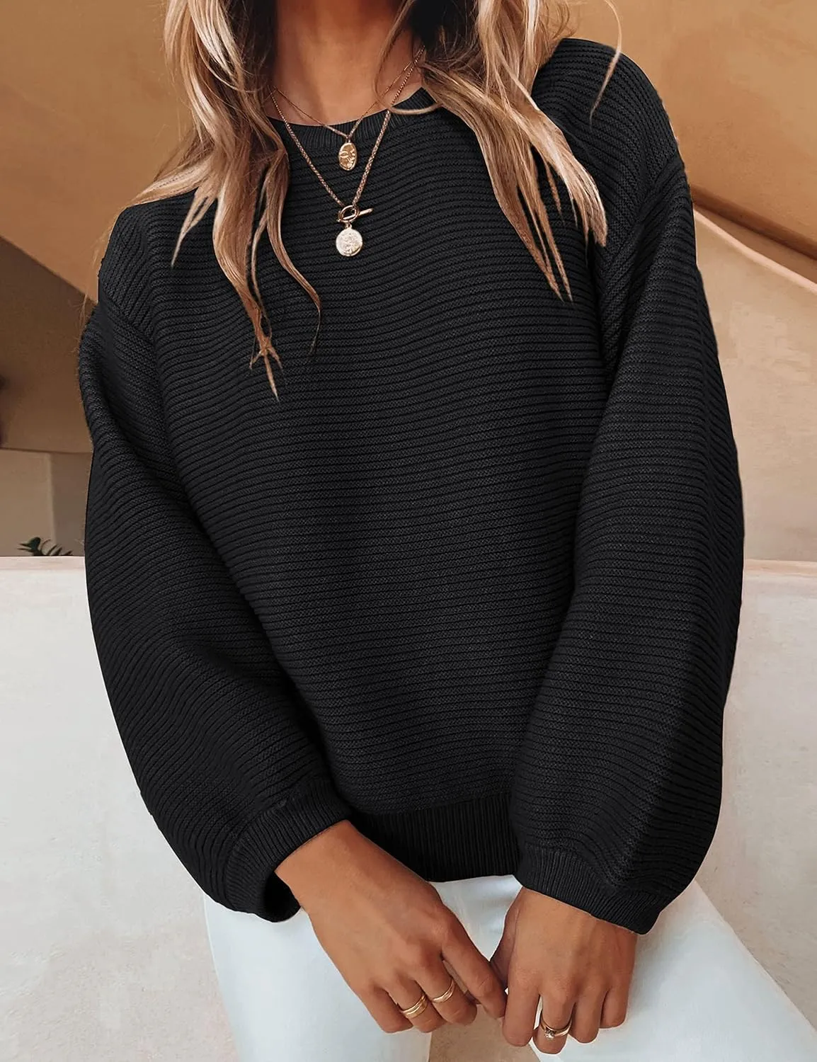 ZESICA Women's Crew Neck Long Lantern Sleeve Casual Loose Ribbed Knit Solid Soft Pullover Sweater Tops