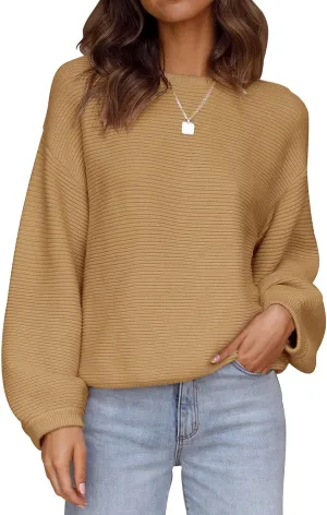 ZESICA Women's Crew Neck Long Lantern Sleeve Casual Loose Ribbed Knit Solid Soft Pullover Sweater Tops