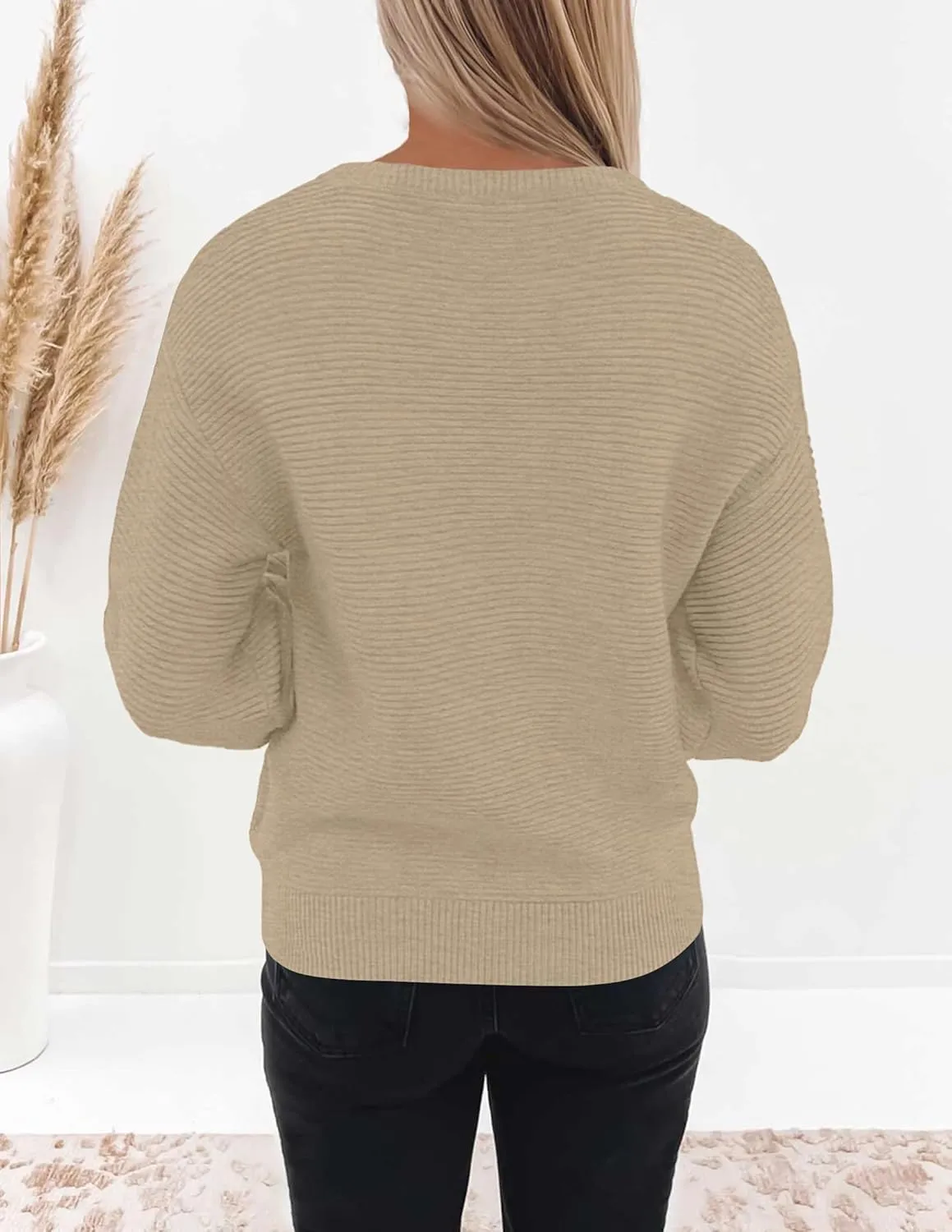 ZESICA Women's Crew Neck Long Lantern Sleeve Casual Loose Ribbed Knit Solid Soft Pullover Sweater Tops