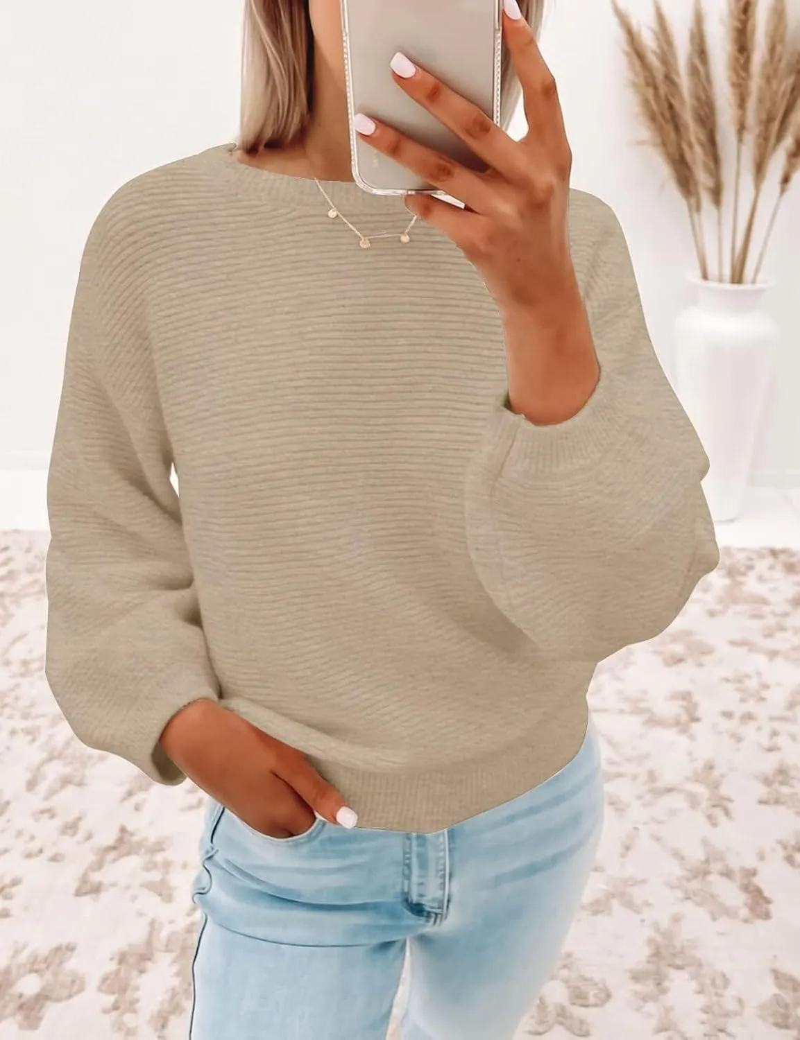 ZESICA Women's Crew Neck Long Lantern Sleeve Casual Loose Ribbed Knit Solid Soft Pullover Sweater Tops