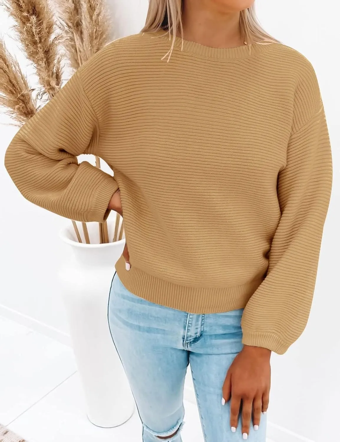 ZESICA Women's Crew Neck Long Lantern Sleeve Casual Loose Ribbed Knit Solid Soft Pullover Sweater Tops
