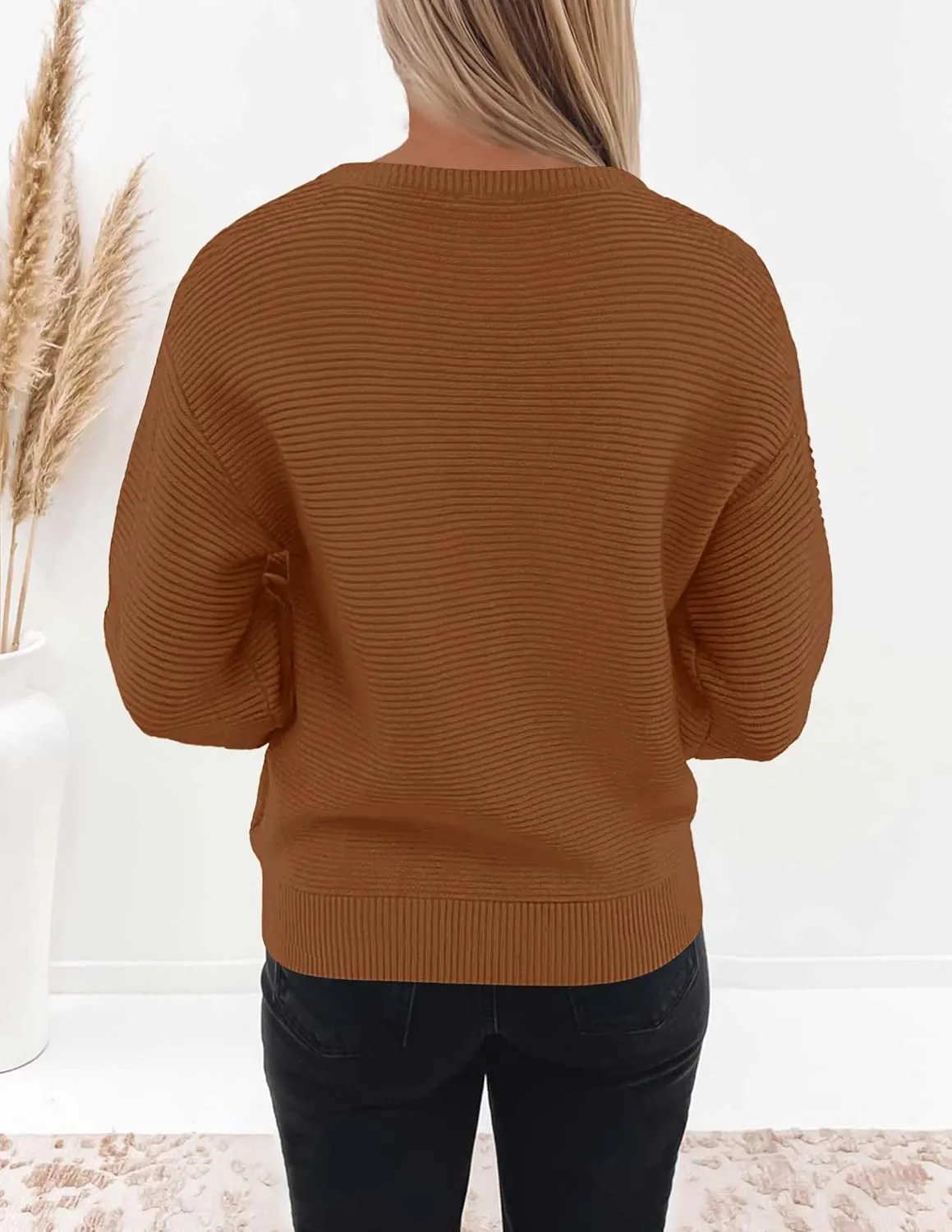ZESICA Women's Crew Neck Long Lantern Sleeve Casual Loose Ribbed Knit Solid Soft Pullover Sweater Tops