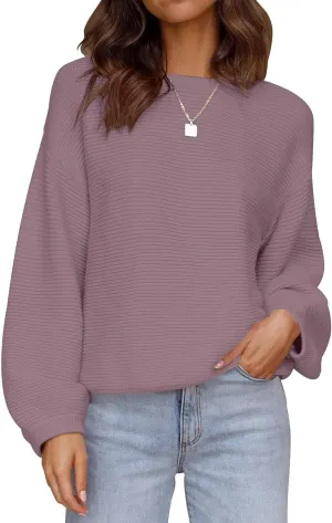 ZESICA Women's Crew Neck Long Lantern Sleeve Casual Loose Ribbed Knit Solid Soft Pullover Sweater Tops