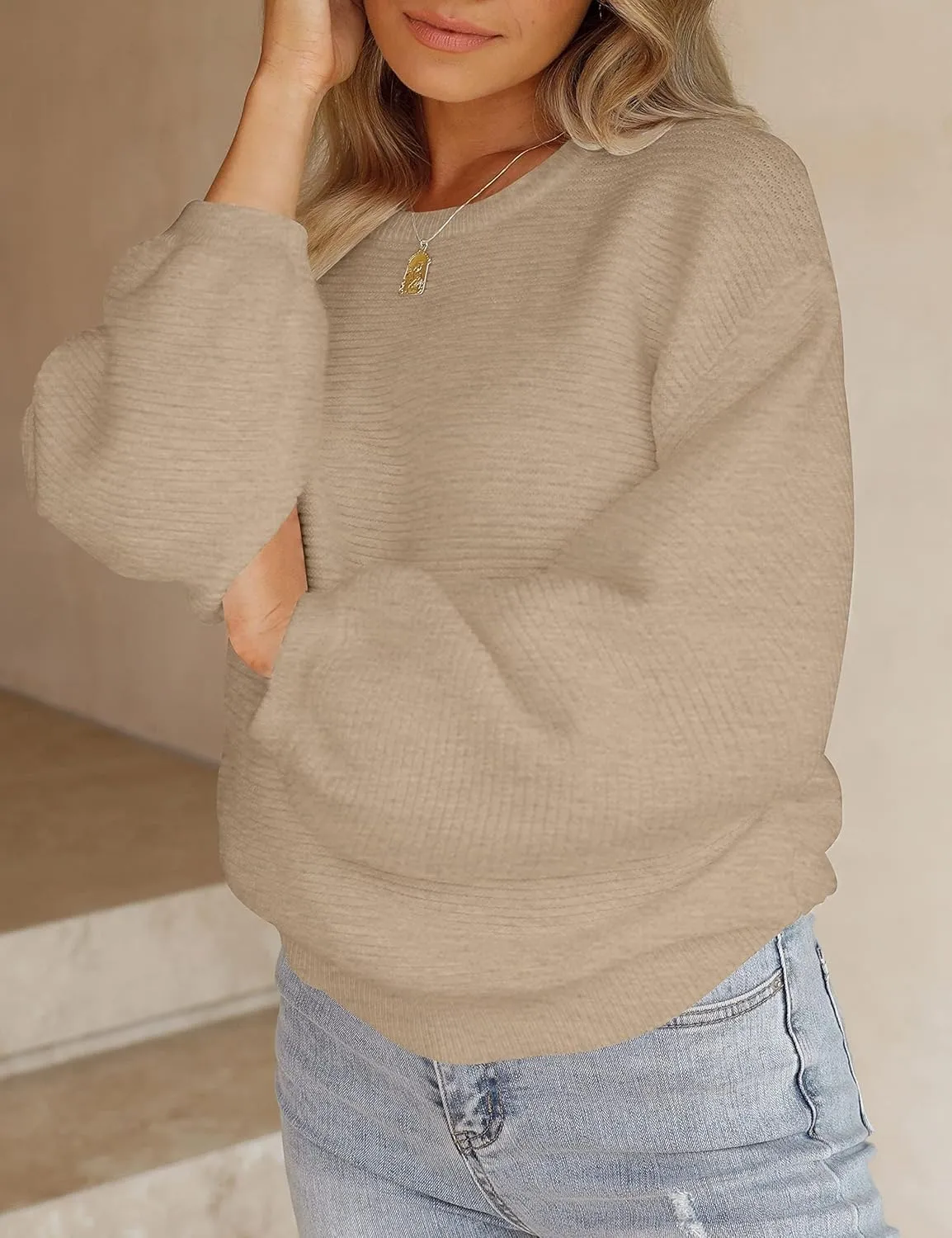 ZESICA Women's Crew Neck Long Lantern Sleeve Casual Loose Ribbed Knit Solid Soft Pullover Sweater Tops