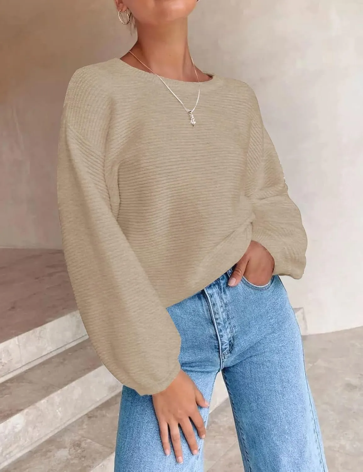 ZESICA Women's Crew Neck Long Lantern Sleeve Casual Loose Ribbed Knit Solid Soft Pullover Sweater Tops