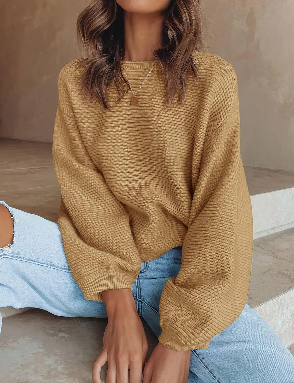 ZESICA Women's Crew Neck Long Lantern Sleeve Casual Loose Ribbed Knit Solid Soft Pullover Sweater Tops
