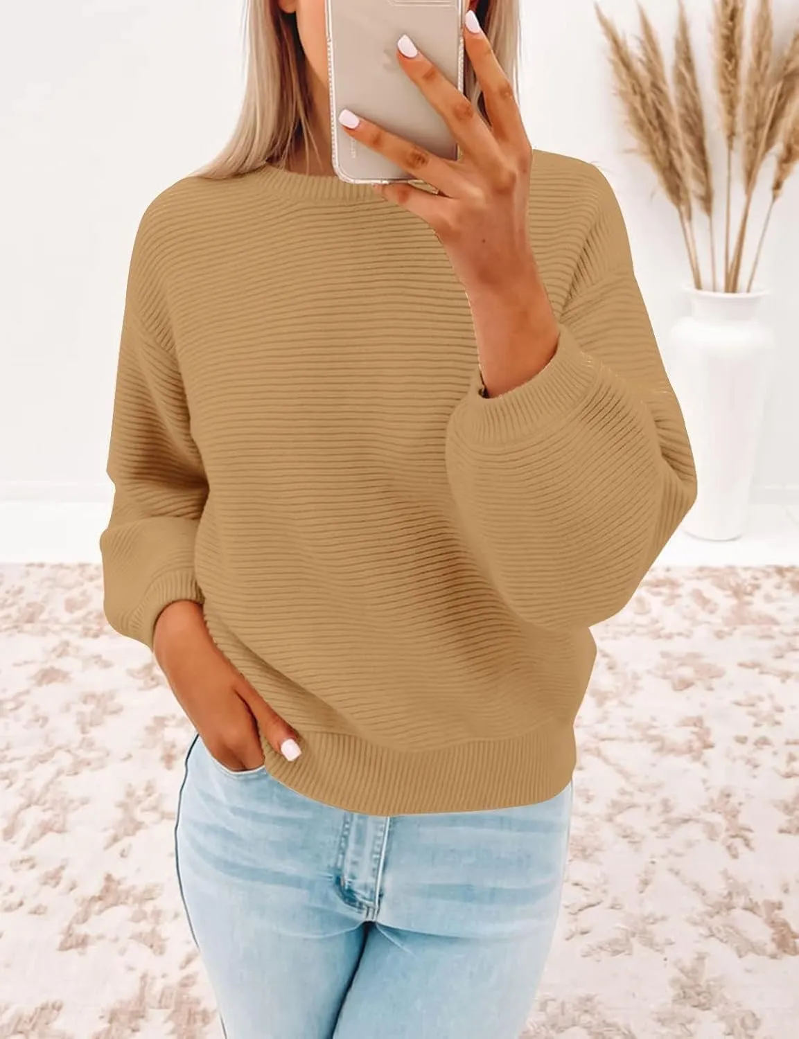 ZESICA Women's Crew Neck Long Lantern Sleeve Casual Loose Ribbed Knit Solid Soft Pullover Sweater Tops