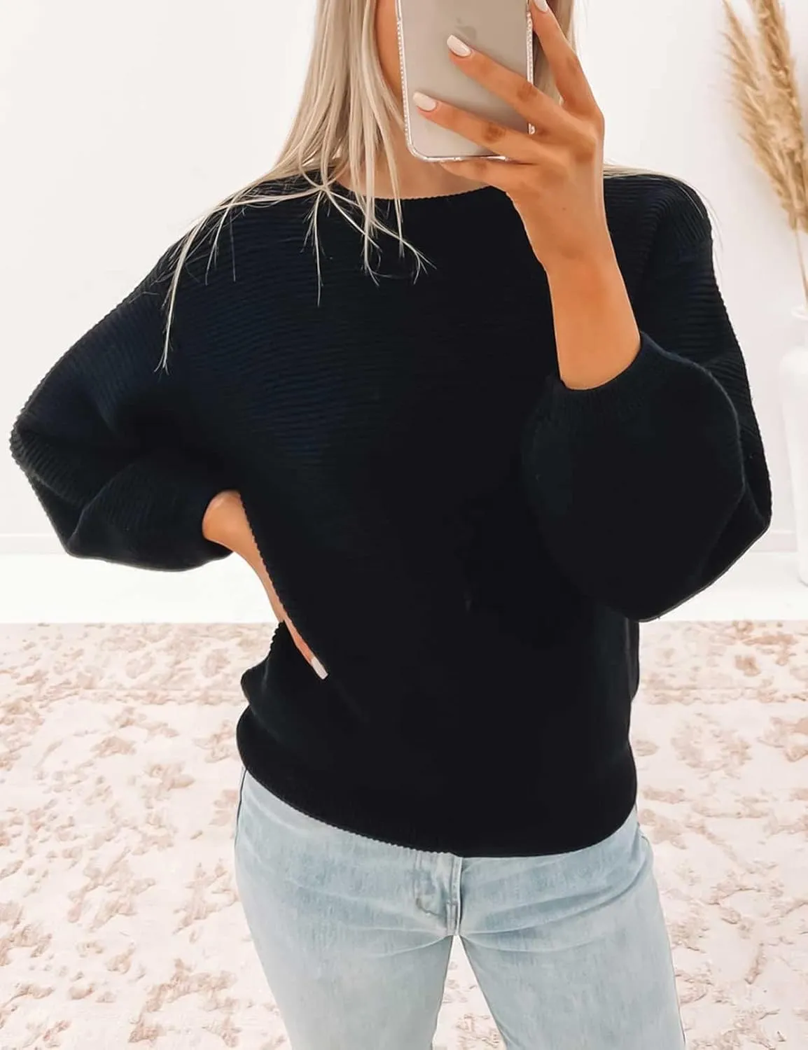 ZESICA Women's Crew Neck Long Lantern Sleeve Casual Loose Ribbed Knit Solid Soft Pullover Sweater Tops