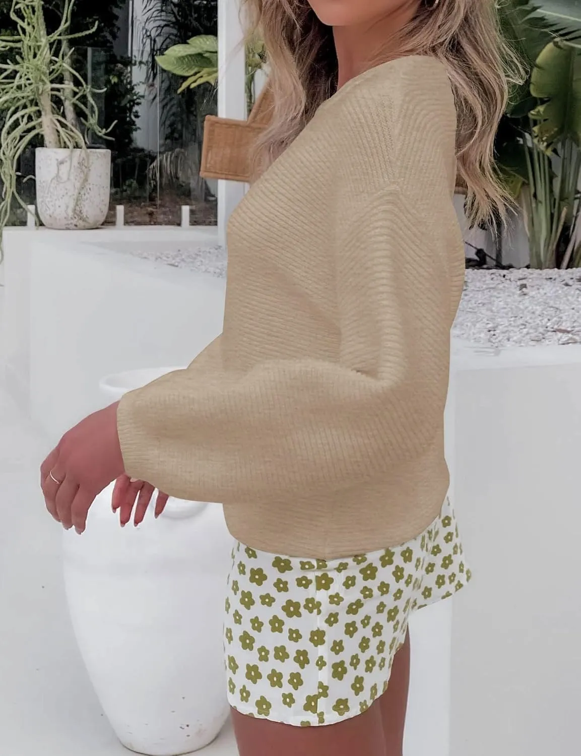 ZESICA Women's Crew Neck Long Lantern Sleeve Casual Loose Ribbed Knit Solid Soft Pullover Sweater Tops
