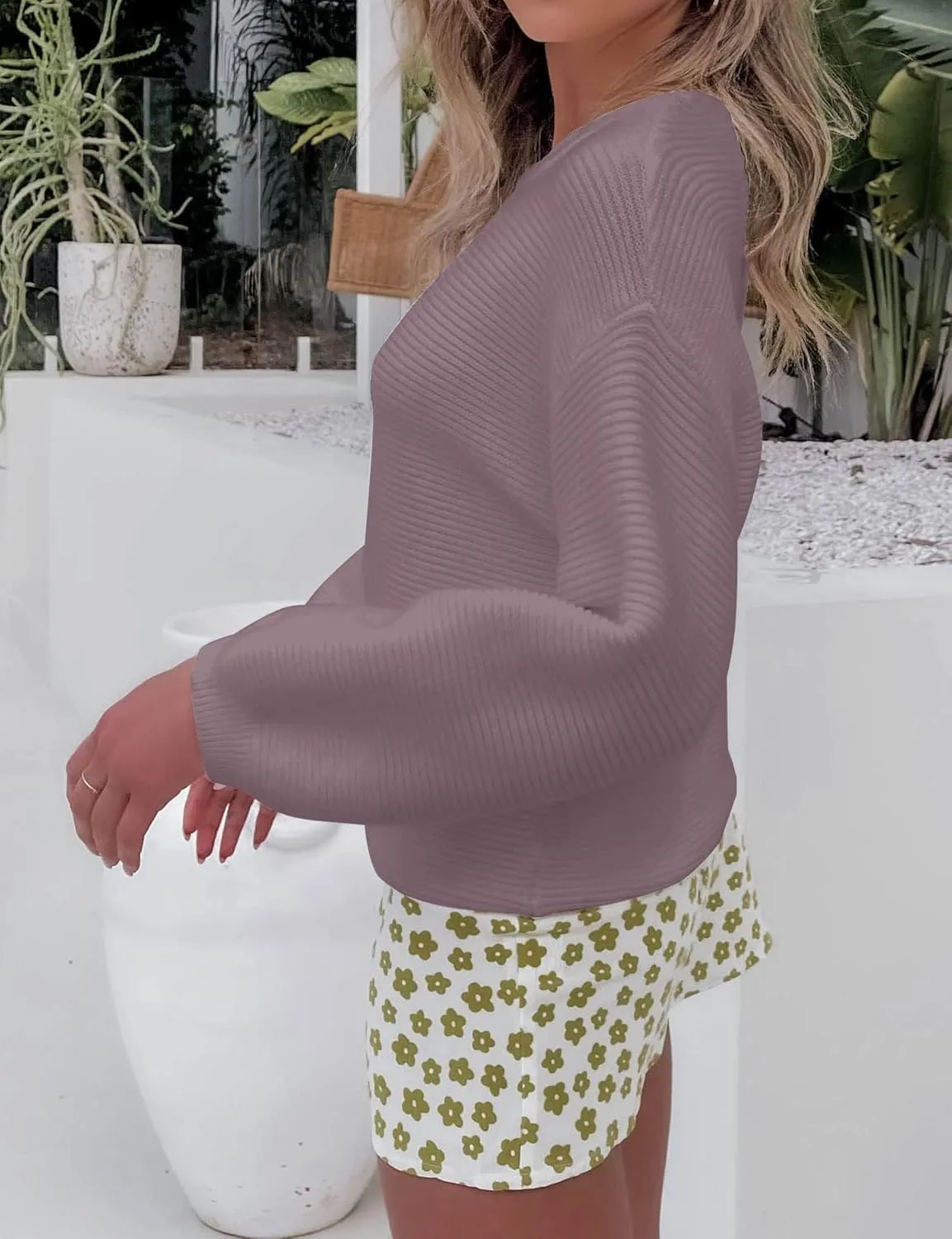 ZESICA Women's Crew Neck Long Lantern Sleeve Casual Loose Ribbed Knit Solid Soft Pullover Sweater Tops