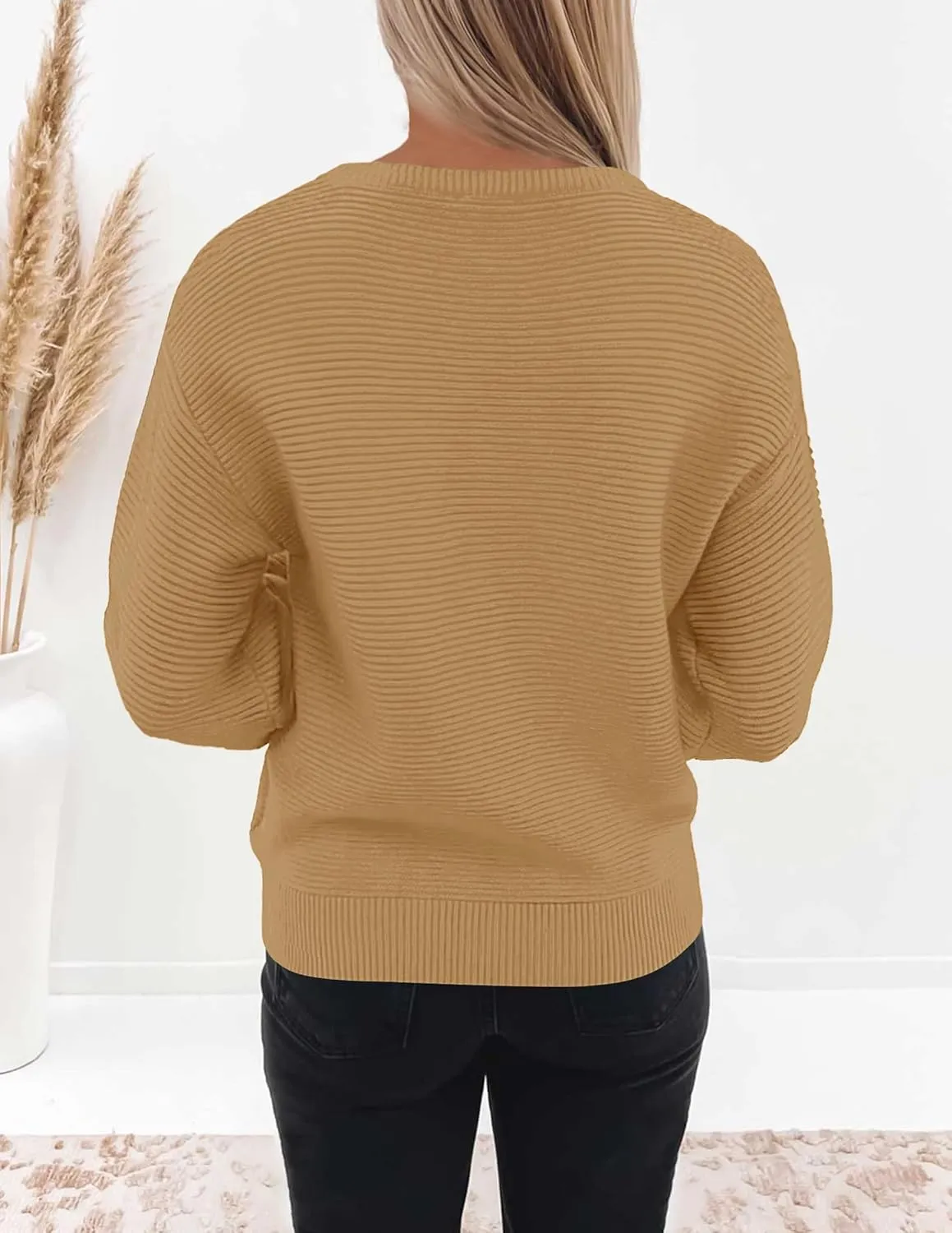 ZESICA Women's Crew Neck Long Lantern Sleeve Casual Loose Ribbed Knit Solid Soft Pullover Sweater Tops