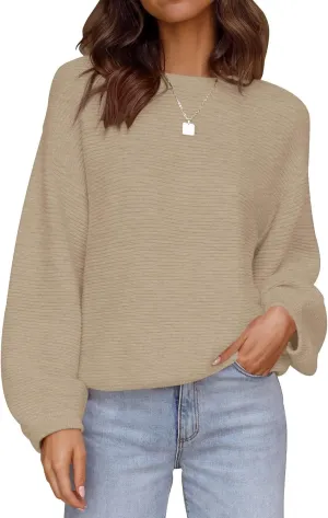 ZESICA Women's Crew Neck Long Lantern Sleeve Casual Loose Ribbed Knit Solid Soft Pullover Sweater Tops