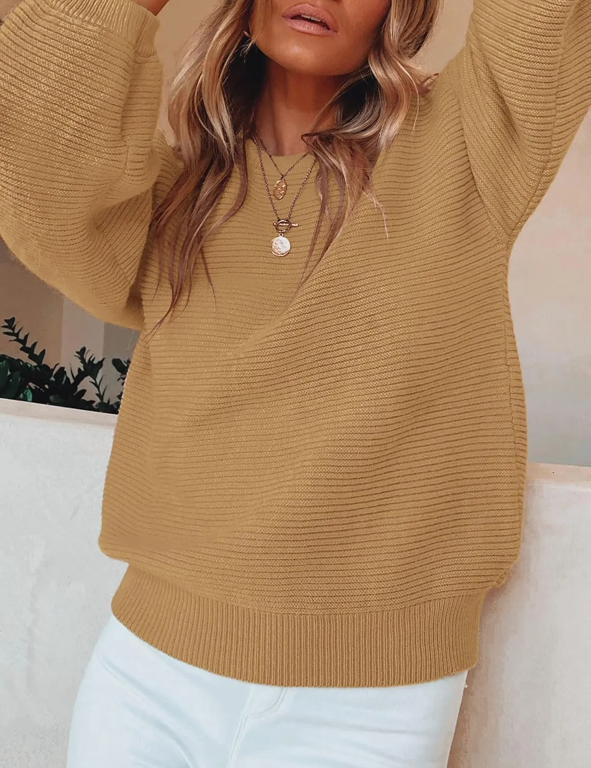 ZESICA Women's Crew Neck Long Lantern Sleeve Casual Loose Ribbed Knit Solid Soft Pullover Sweater Tops