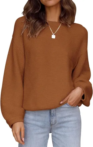 ZESICA Women's Crew Neck Long Lantern Sleeve Casual Loose Ribbed Knit Solid Soft Pullover Sweater Tops