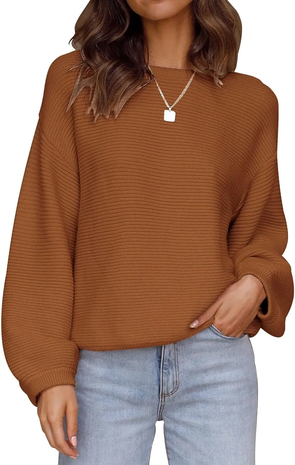ZESICA Women's Crew Neck Long Lantern Sleeve Casual Loose Ribbed Knit Solid Soft Pullover Sweater Tops