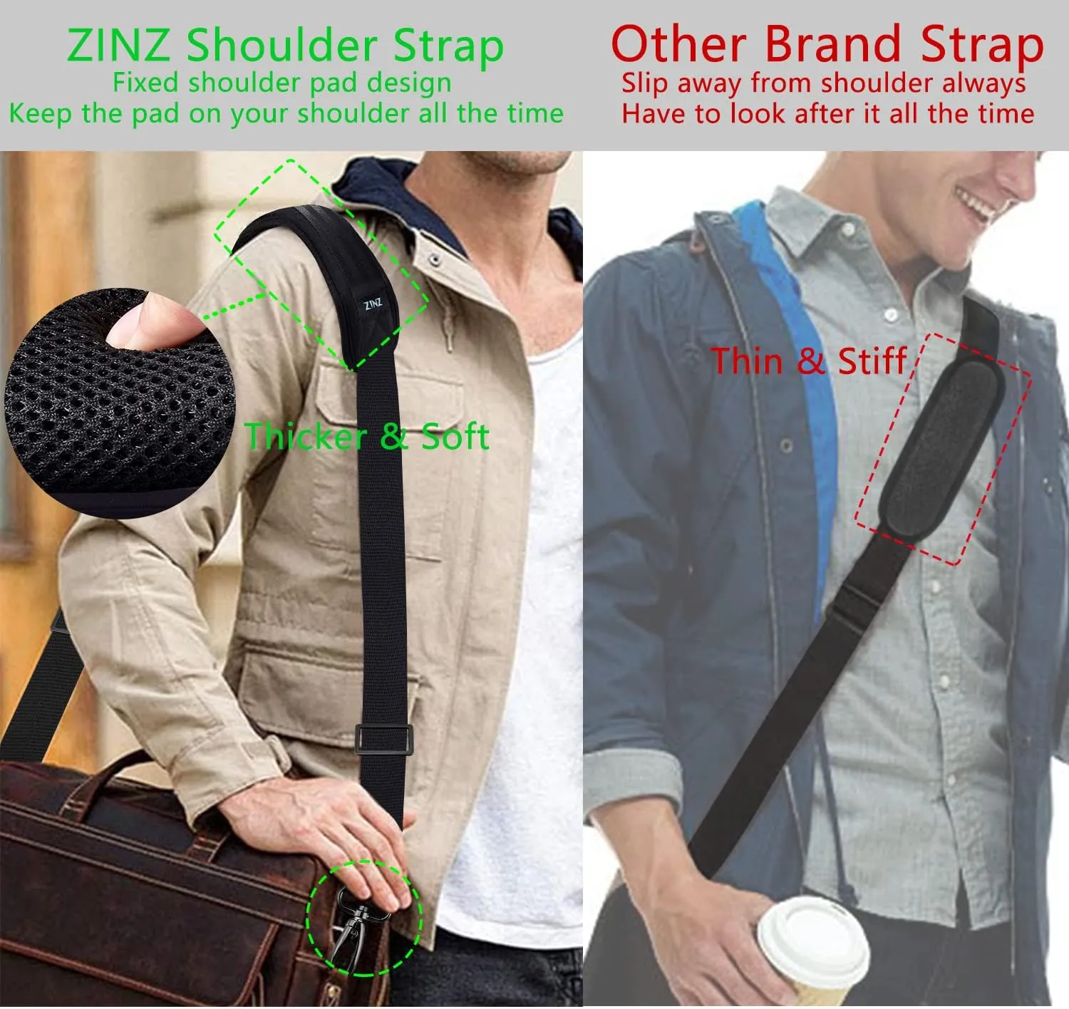 ZINZ 79 inch Shoulder Strap, Extra-thick Fixed Cushion Pad and Dual Clasps Universal Replacement Strap with Metal Swivel Hooks for Laptop Bags, Luggage Bags, Camera, Crossbody (200cm,Black)