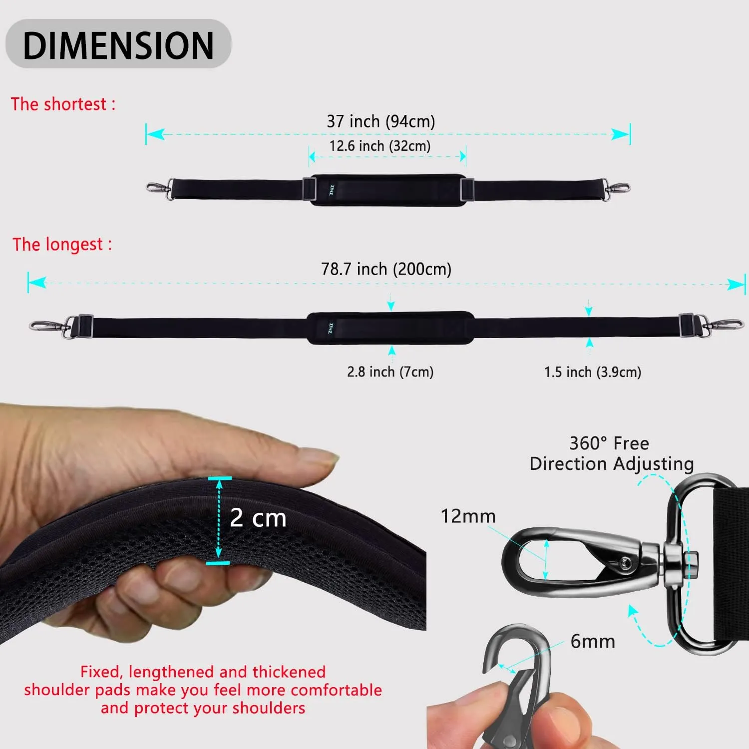 ZINZ 79 inch Shoulder Strap, Extra-thick Fixed Cushion Pad and Dual Clasps Universal Replacement Strap with Metal Swivel Hooks for Laptop Bags, Luggage Bags, Camera, Crossbody (200cm,Black)