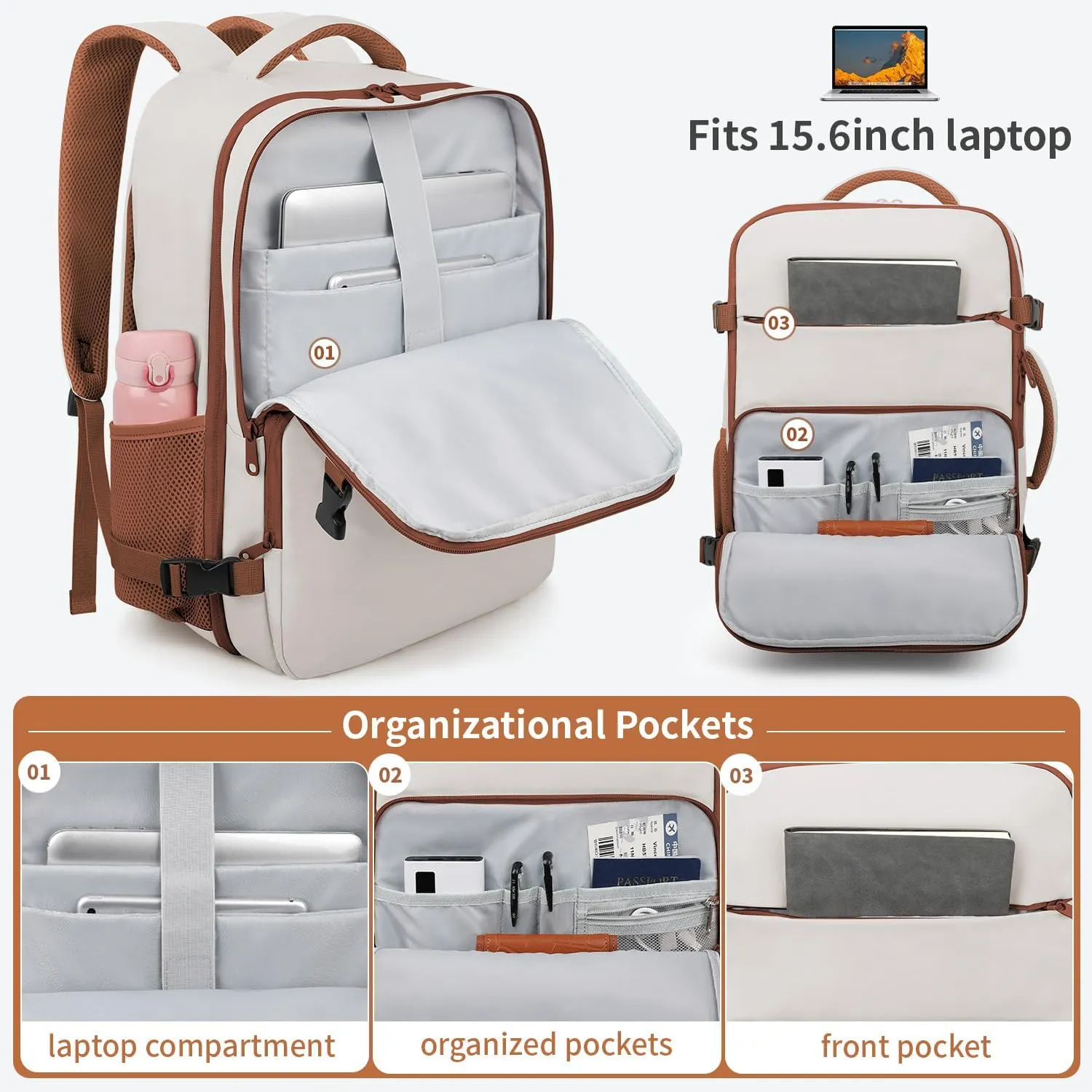 ZOMFELT Travel Backpack for Women Men, Carry On Backpack, TSA 15.6inch Laptop Backpack Flight Approved, Personal Item Travel Bag Nurse Bag Casual Daypack for School Weekender Business, Khaki White